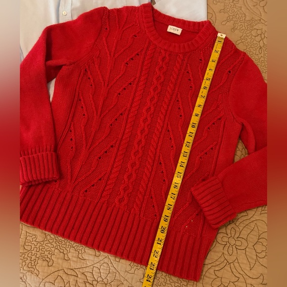 J. Crew Lambs Wool Blend Red Eyelet Aran Cable Knit Crew Neck Sweater, Sz M - Picture 9 of 13